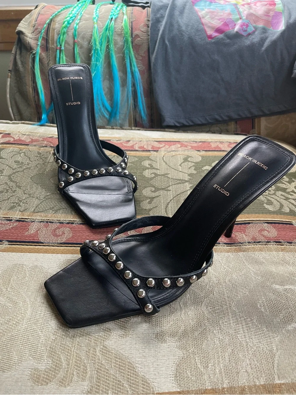Black Suede Studio Dome Stud Leather Stiletto Slide Sandals.Size 39 Women N23-17